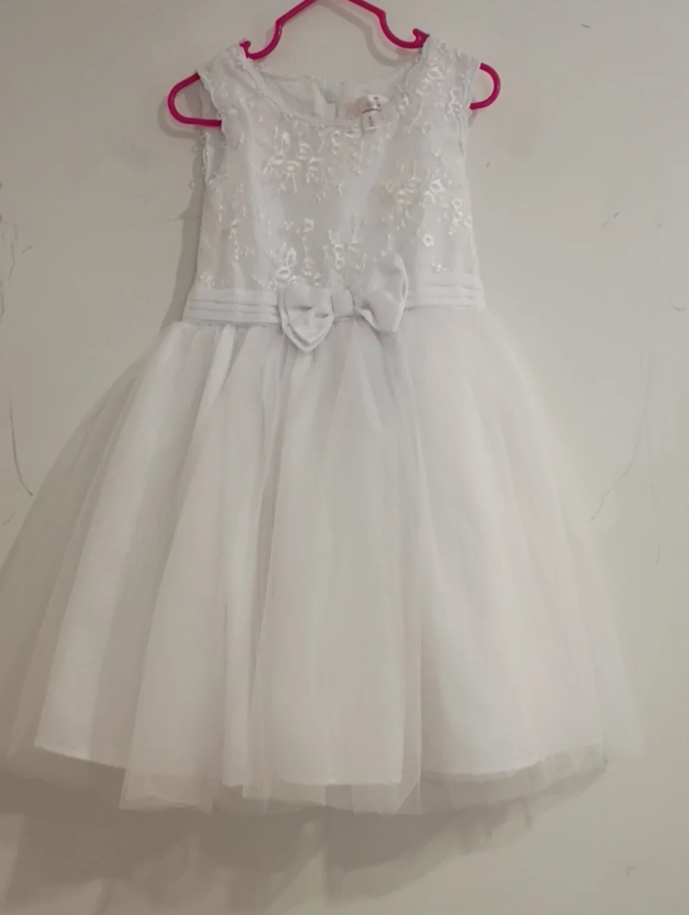 Biscotti White Floral Appliqué Tulle Party Dress with Satin Bow